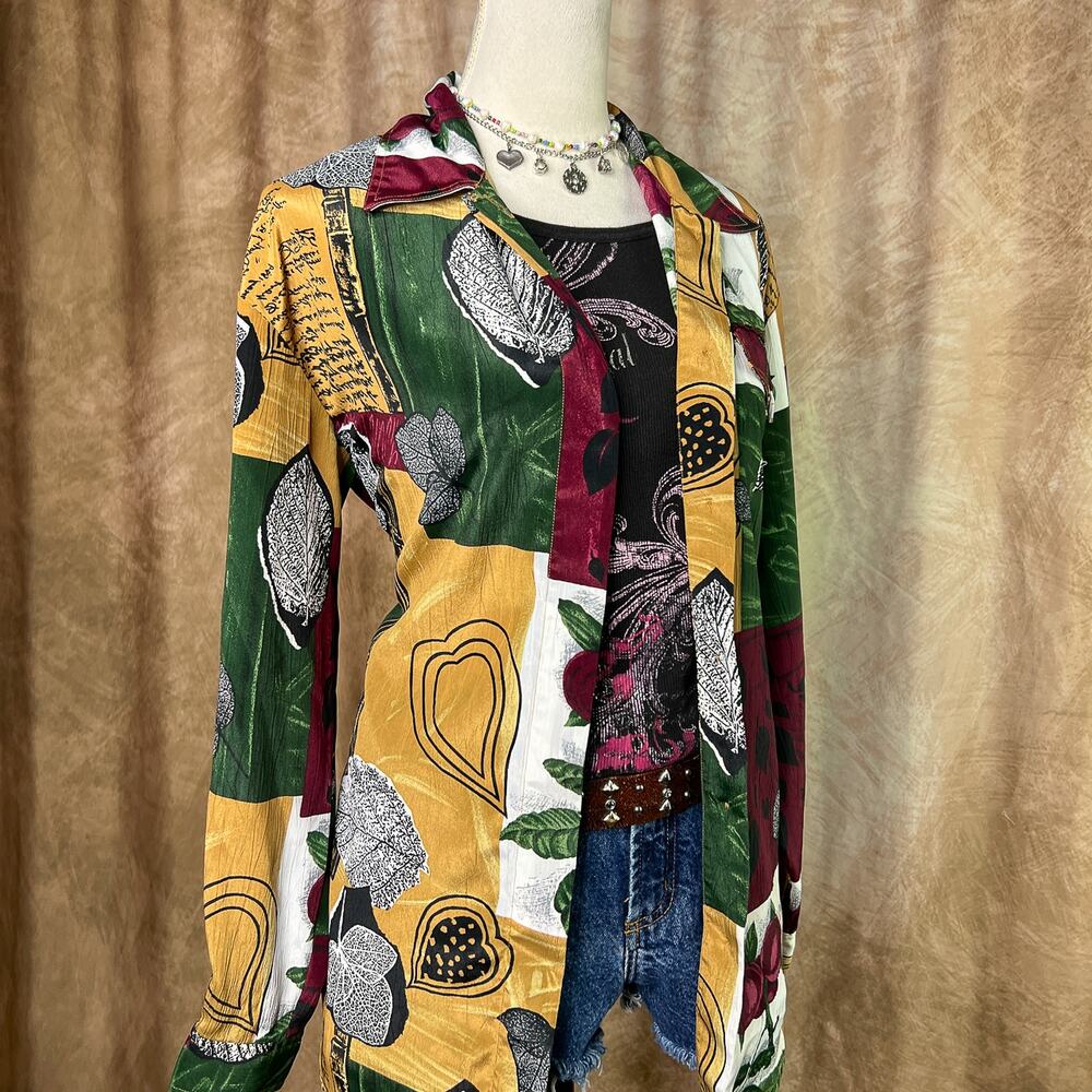 Vintage Patchwork Shirt Fall Foliage Multicolor Button Up 90s Boho Earthy Fairy - Picture 2 of 8